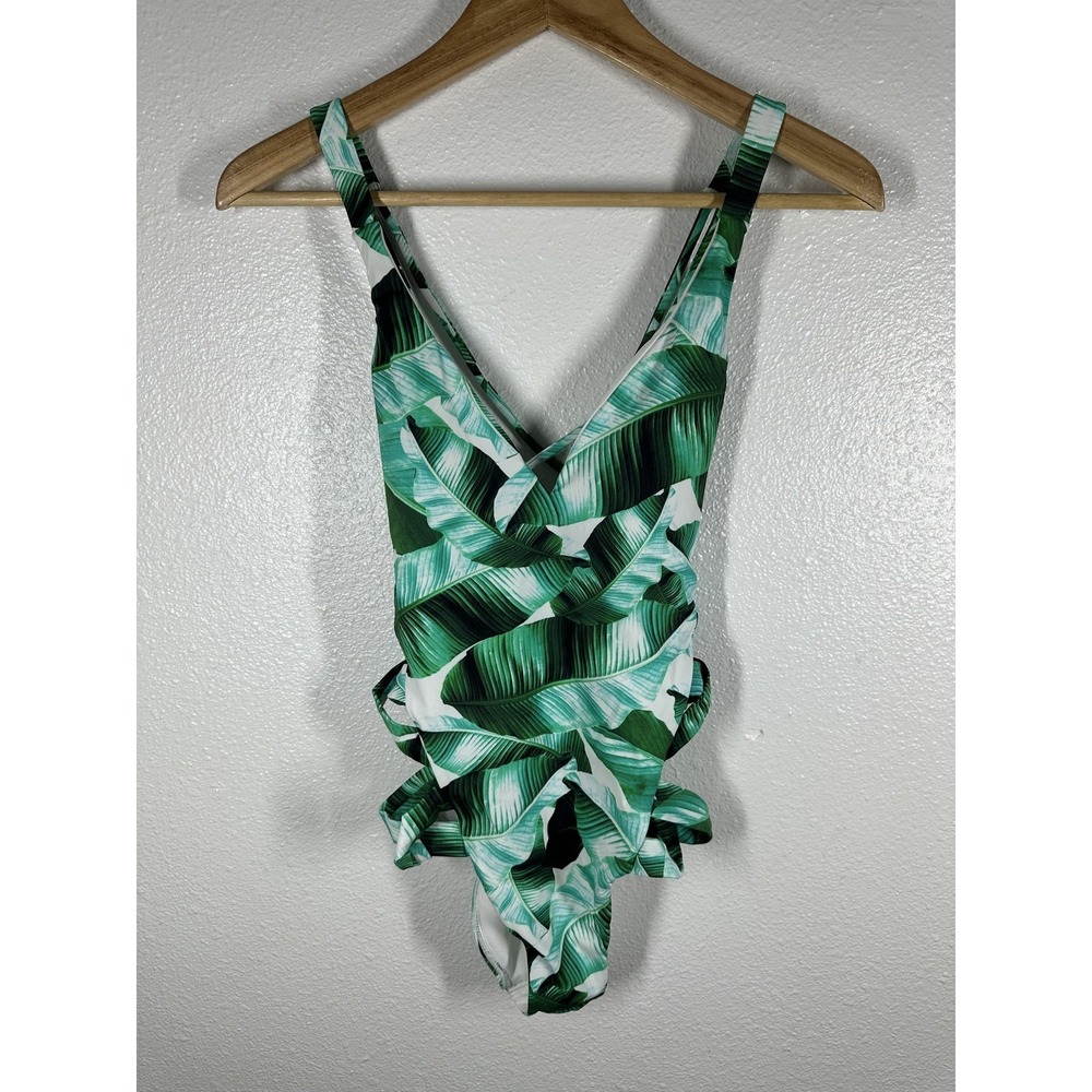 L.A. Hearts Swimsuit Womens XS Green‎ Tropical Leaf One Piece Ruffle Crisscross